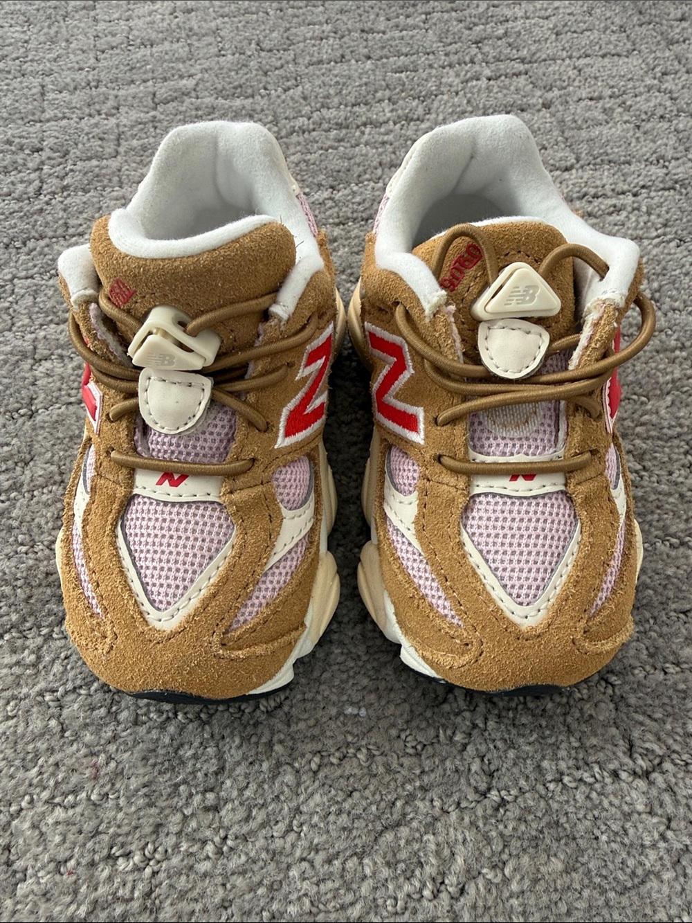 New Balance Kids Tan Suede and Pink Mesh Sneakers with Red N Accents